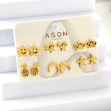 Six Pairs Mixed Snap Cut Frosted Pineapple / Starfish Stud Earrings Goldtone