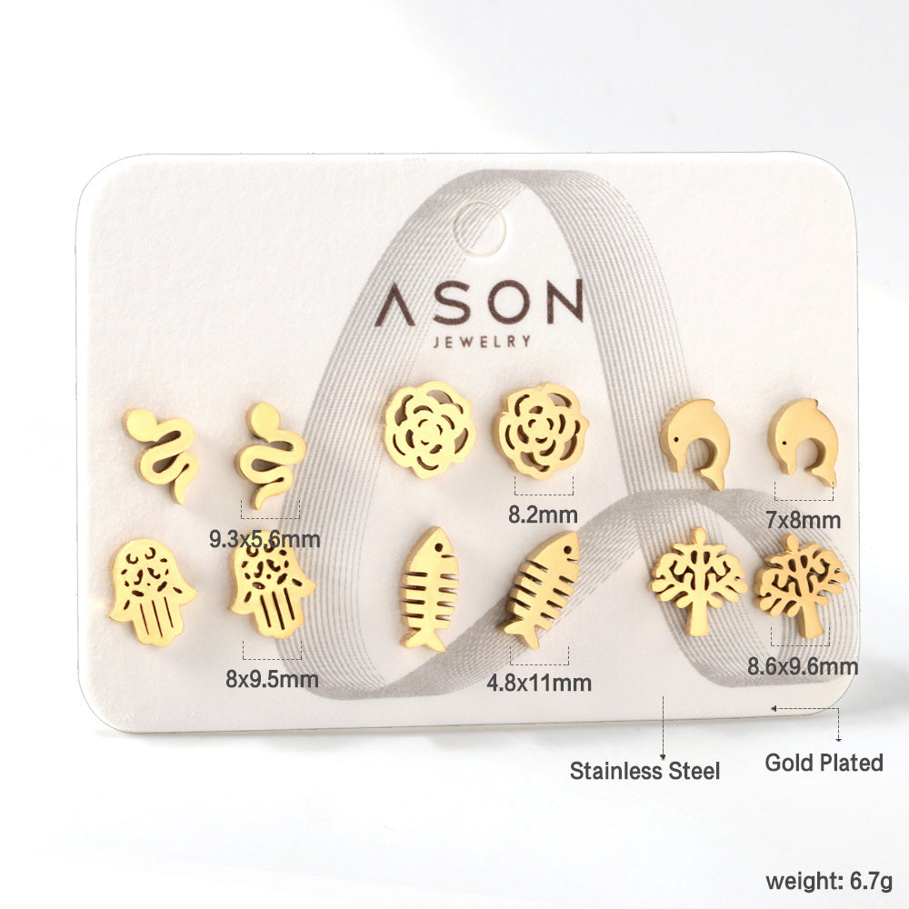 Six pairs of mixed card mounted cut-out fishbone / dolphin stud earrings gold color asonjewelry