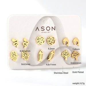 Six pairs of mixed card mounted cut-out fishbone / dolphin stud earrings gold color