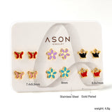 Six Pairs Mixed Card Cut Butterfly / Crown / Flower Stud Earrings Goldtone