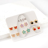 Six Pairs Mixed Card Cut Butterfly / Crown / Flower Stud Earrings Goldtone