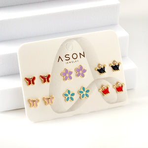 Six Pairs Mixed Card Cut Butterfly / Crown / Flower Stud Earrings Goldtone