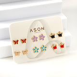 Six Pairs Mixed Card Cut Butterfly / Crown / Flower Stud Earrings Goldtone