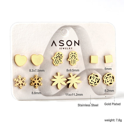 Six pairs of Mixed Card Cut Heart / Snowflake Stud Earrings gold color asonjewelry
