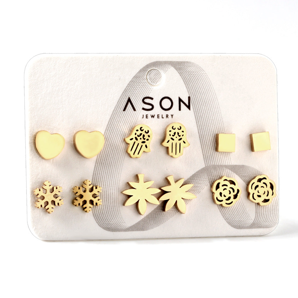 Six pairs of Mixed Card Cut Heart / Snowflake Stud Earrings gold color asonjewelry