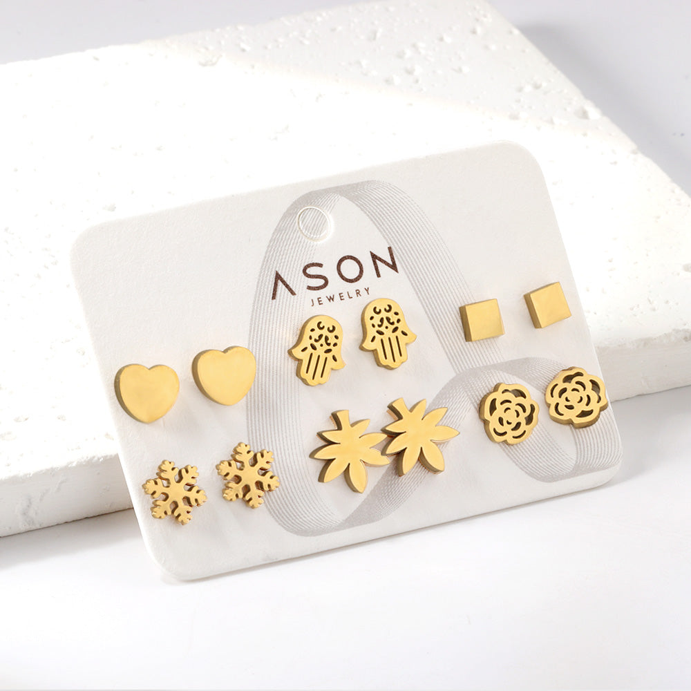 Six pairs of Mixed Card Cut Heart / Snowflake Stud Earrings gold color asonjewelry
