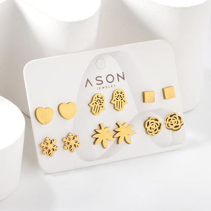 Six pairs of Mixed Card Cut Heart / Snowflake Stud Earrings gold color asonjewelry