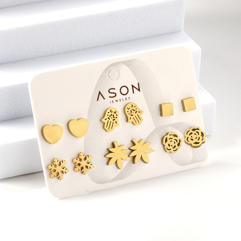 Six pairs of Mixed Card Cut Heart / Snowflake Stud Earrings gold color asonjewelry