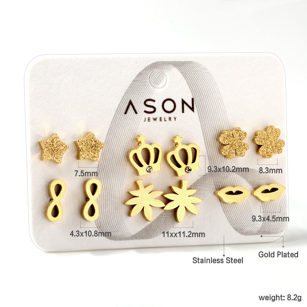 Six pairs of mixed card mounted cut-out frosted crown / lips stud earrings gold color asonjewelry