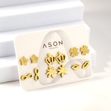 Six pairs of mixed card mounted cut-out frosted crown / lips stud earrings gold color