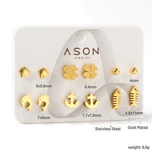 Six pairs of mixed card mounted cut-out shell / fishbone / dolphin stud earrings gold color