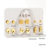 Six pairs of mixed card mounted cut-out shell / fishbone / dolphin stud earrings gold color