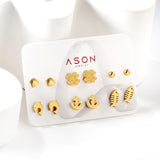Six pairs of mixed card mounted cut-out shell / fishbone / dolphin stud earrings gold color