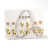 Six Pairs Mixed Snapback Cutout Current / Starfish Stud Earrings Gold