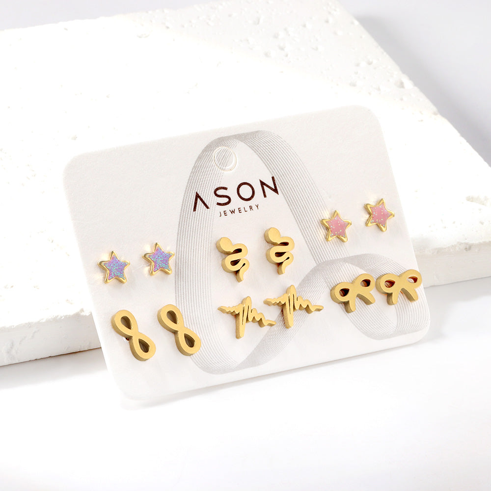 Six Pairs Mixed Snapback Cutout Current / Starfish Stud Earrings Gold asonjewelry