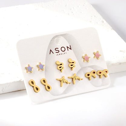 Six Pairs Mixed Snapback Cutout Current / Starfish Stud Earrings Gold asonjewelry