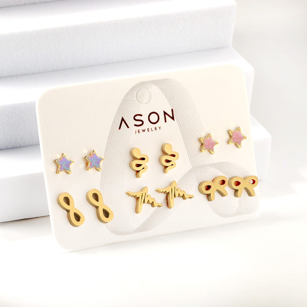 Six Pairs Mixed Snapback Cutout Current / Starfish Stud Earrings Gold asonjewelry