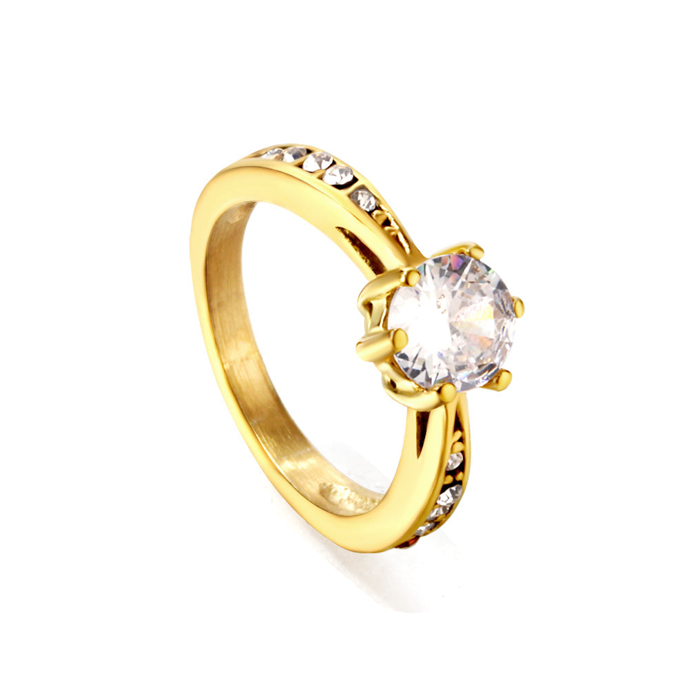 Solitaire ring with several small diamonds + one large round diamond Gold/steel color asonjewelry