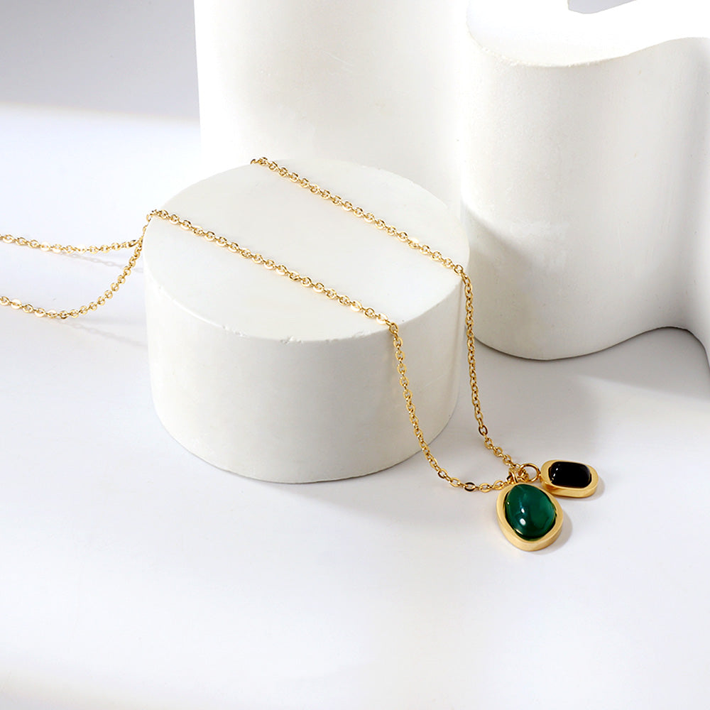 Rectangular Black Diamond + Oval Green Diamond Pendant Necklace 40+5cm asonjewelry