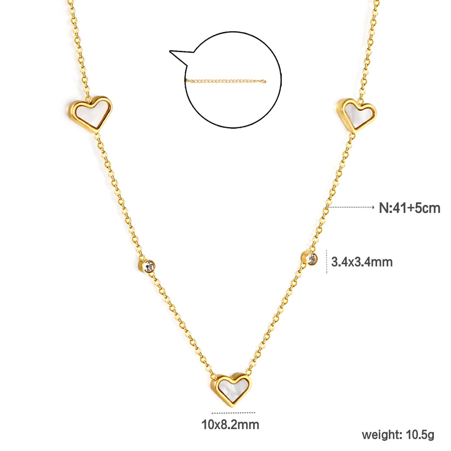 8*10mm 3 heart-shaped white/red/pink/green/black shells + 3.5mm 2 white diamond pendants 0.3 cross chain 41+5cm + 10*3mm square tag Necklace Gold asonjewelry