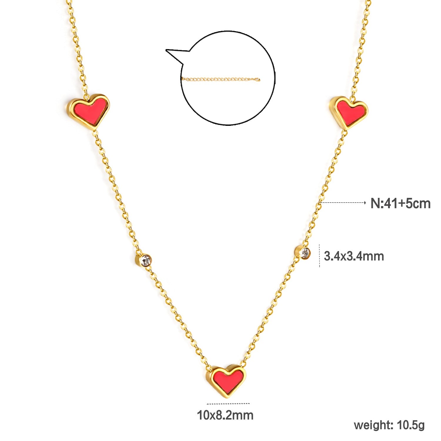 8*10mm 3 heart-shaped white/red/pink/green/black shells + 3.5mm 2 white diamond pendants 0.3 cross chain 41+5cm + 10*3mm square tag Necklace Gold asonjewelry