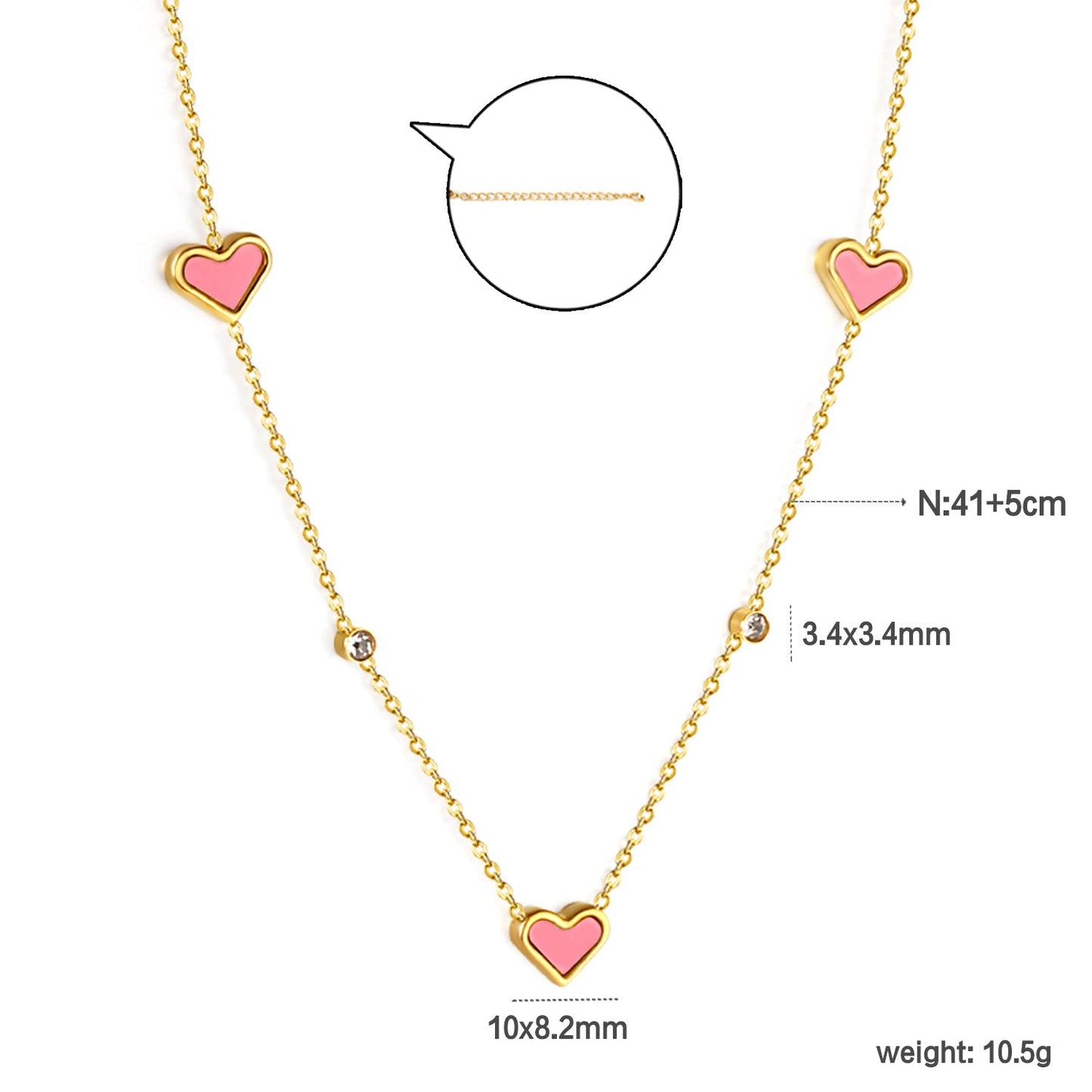 8*10mm 3 heart-shaped white/red/pink/green/black shells + 3.5mm 2 white diamond pendants 0.3 cross chain 41+5cm + 10*3mm square tag Necklace Gold asonjewelry