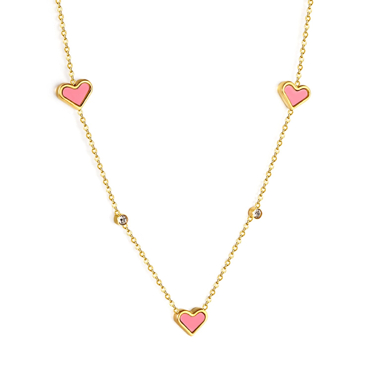 8*10mm 3 heart-shaped white/red/pink/green/black shells + 3.5mm 2 white diamond pendants 0.3 cross chain 41+5cm + 10*3mm square tag Necklace Gold asonjewelry