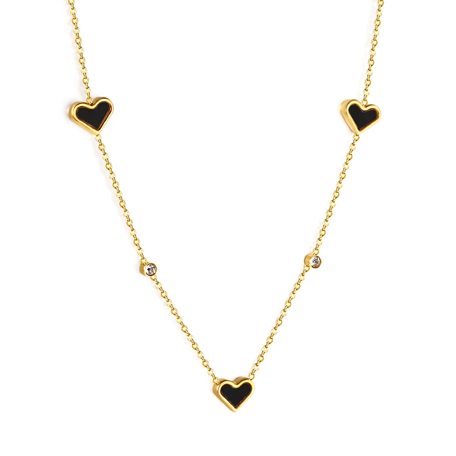 8*10mm 3 heart-shaped white/red/pink/green/black shells + 3.5mm 2 white diamond pendants 0.3 cross chain 41+5cm + 10*3mm square tag Necklace Gold asonjewelry