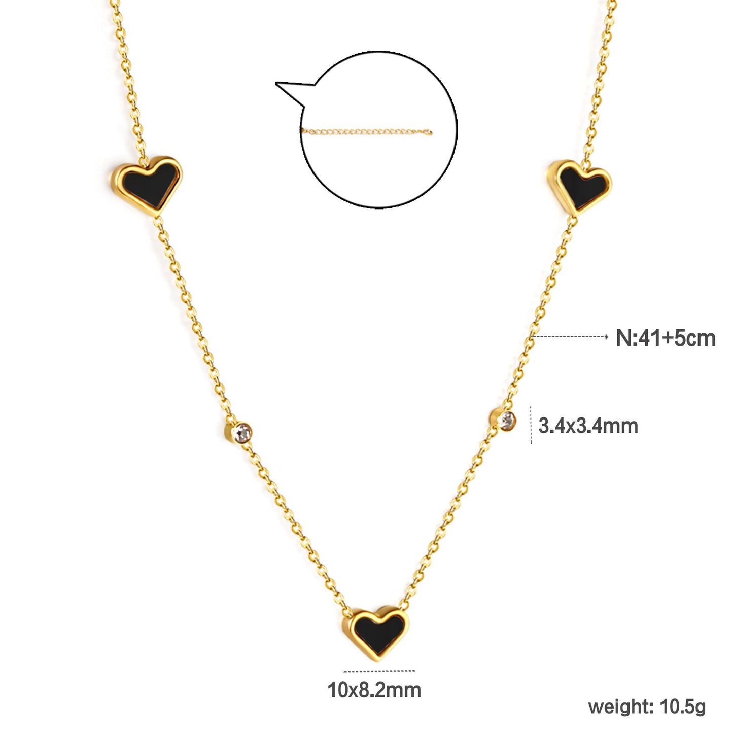 8*10mm 3 heart-shaped white/red/pink/green/black shells + 3.5mm 2 white diamond pendants 0.3 cross chain 41+5cm + 10*3mm square tag Necklace Gold asonjewelry