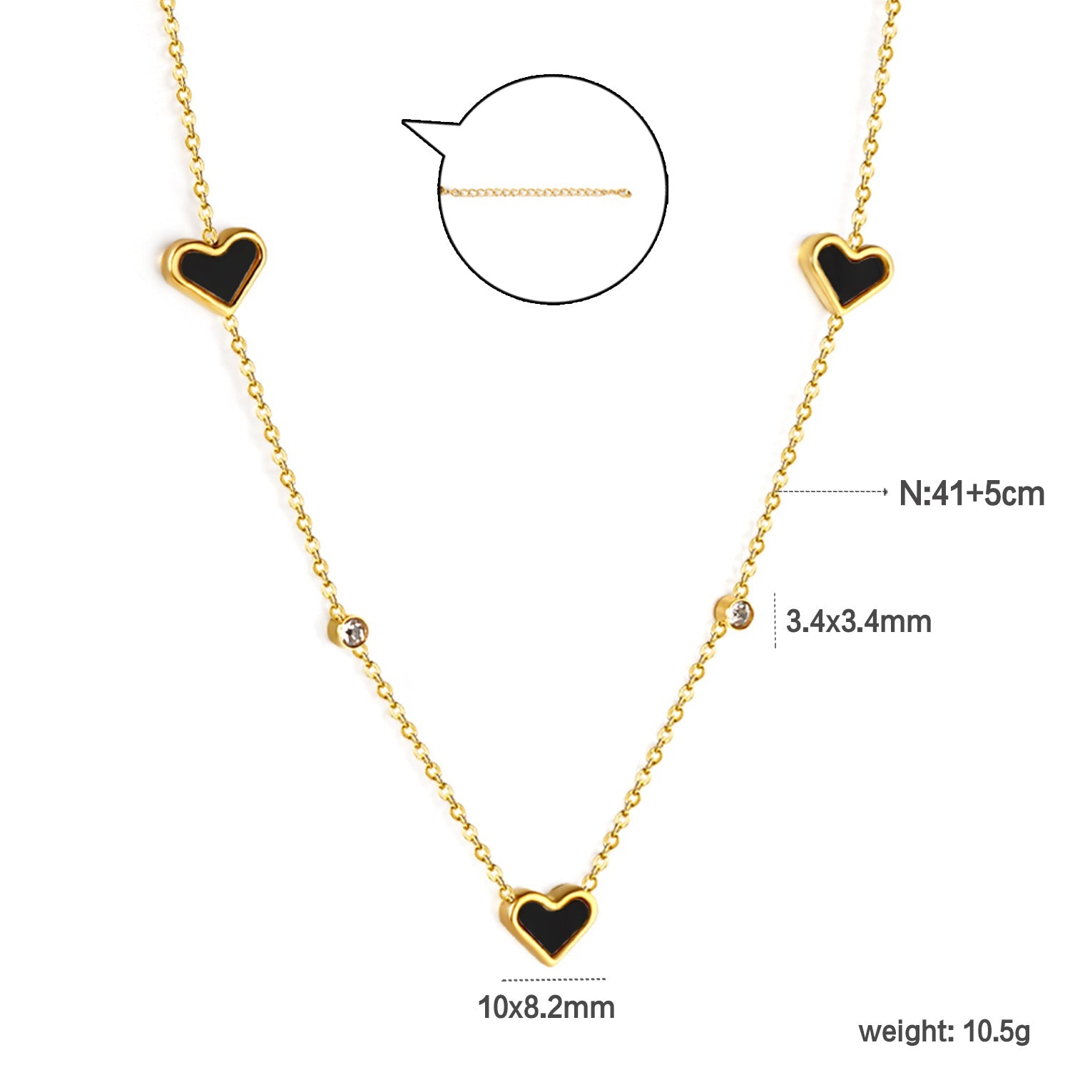 8*10mm 3 heart-shaped white/red/pink/green/black shells + 3.5mm 2 white diamond pendants 0.3 cross chain 41+5cm + 10*3mm square tag Necklace Gold asonjewelry