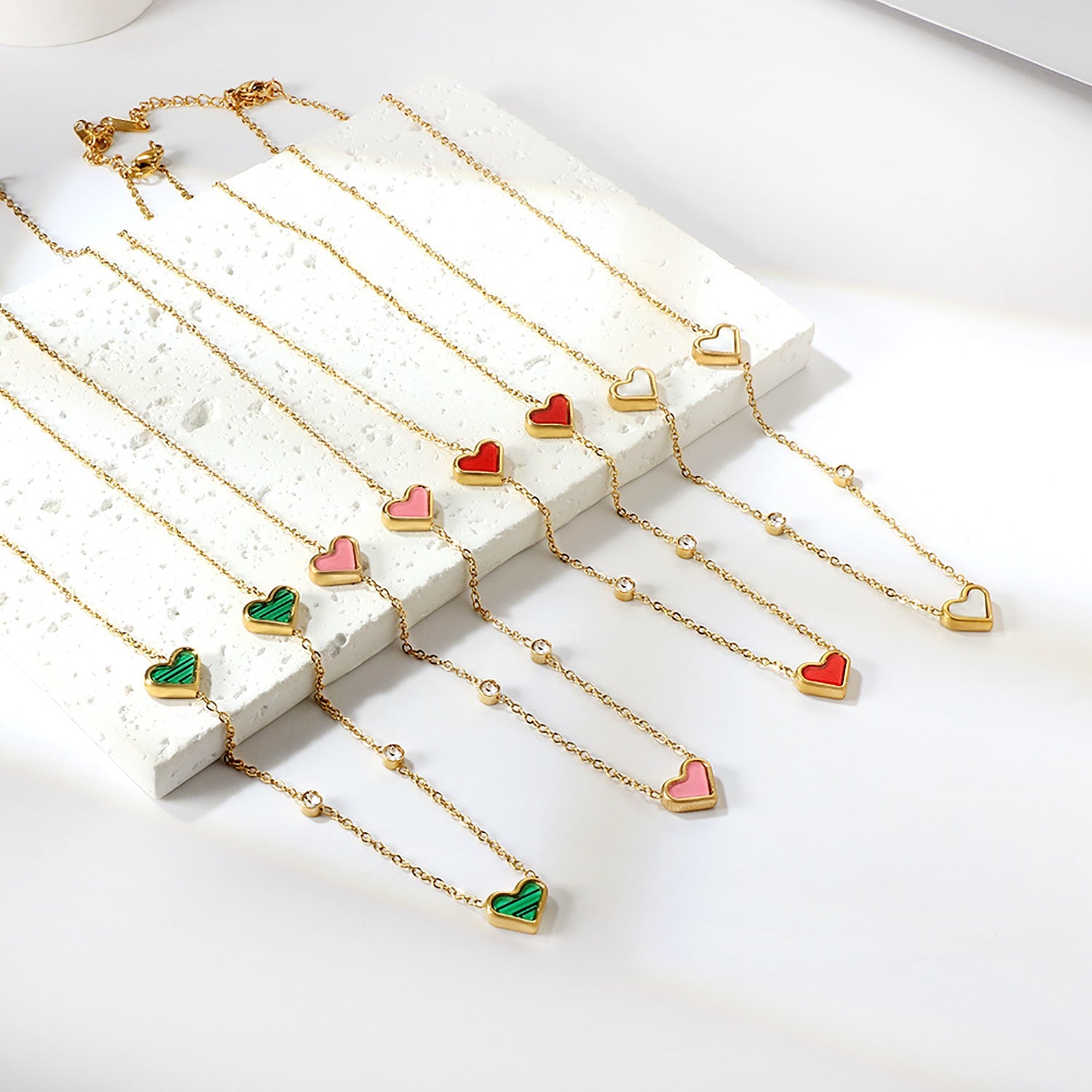 8*10mm 3 heart-shaped white/red/pink/green/black shells + 3.5mm 2 white diamond pendants 0.3 cross chain 41+5cm + 10*3mm square tag Necklace Gold asonjewelry