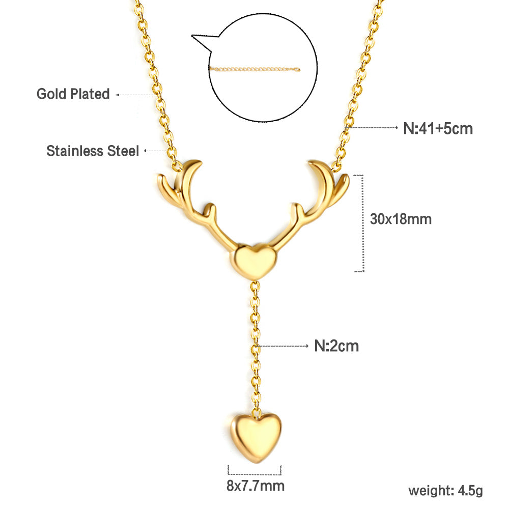 Antler Heart + Heart Pendant Necklace 41+5cm Gold Color asonjewelry