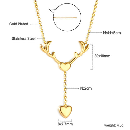 Antler Heart + Heart Pendant Necklace 41+5cm Gold Color asonjewelry