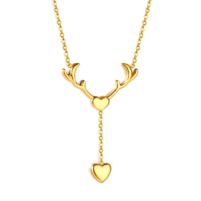 Antler Heart + Heart Pendant Necklace 41+5cm Gold Color asonjewelry