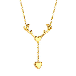 Antler Heart + Heart Pendant Necklace 41+5cm Gold Color
