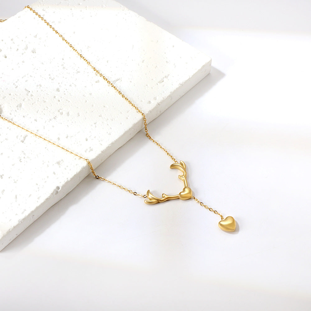 Antler Heart + Heart Pendant Necklace 41+5cm Gold Color asonjewelry