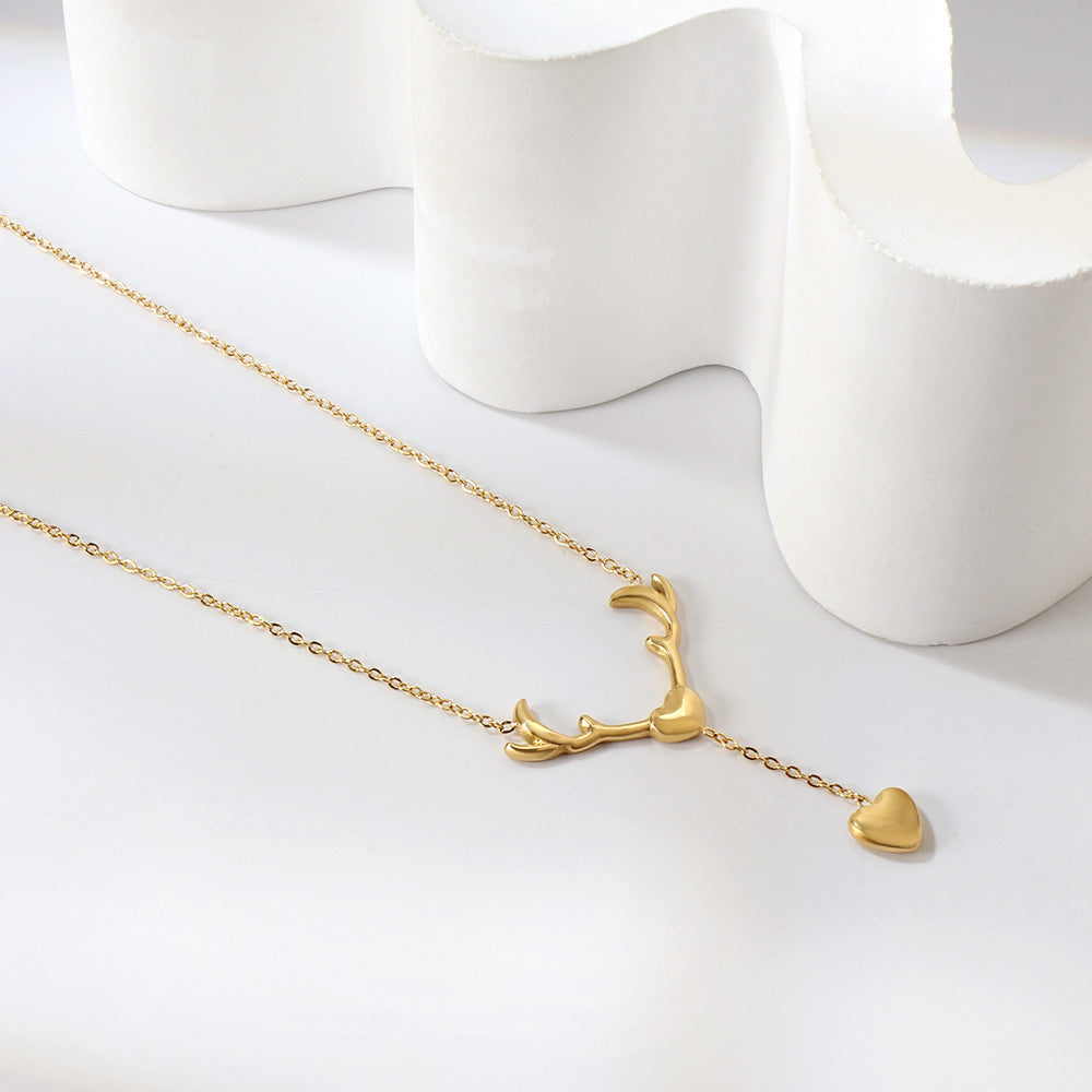 Antler Heart + Heart Pendant Necklace 41+5cm Gold Color asonjewelry