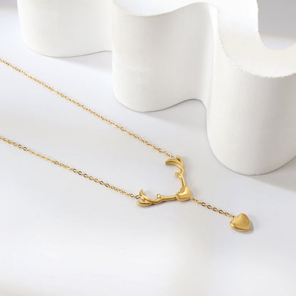 Antler Heart + Heart Pendant Necklace 41+5cm Gold Color asonjewelry