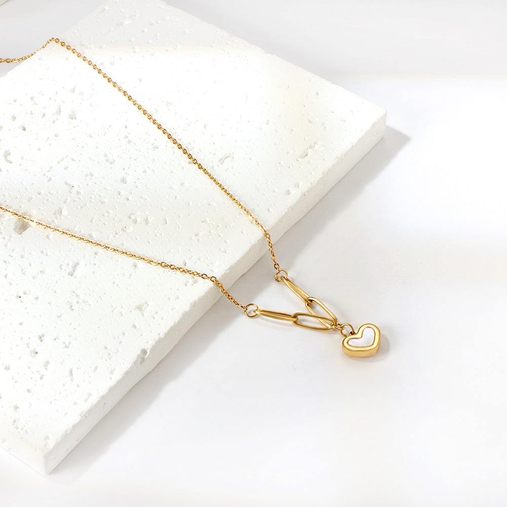 Heart Shaped White Shell Pendant Necklace 42+6cm Gold Color asonjewelry