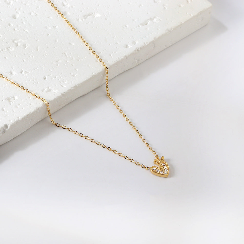 Heart with Crown Pendant with Diamond Necklace 43+5cm asonjewelry