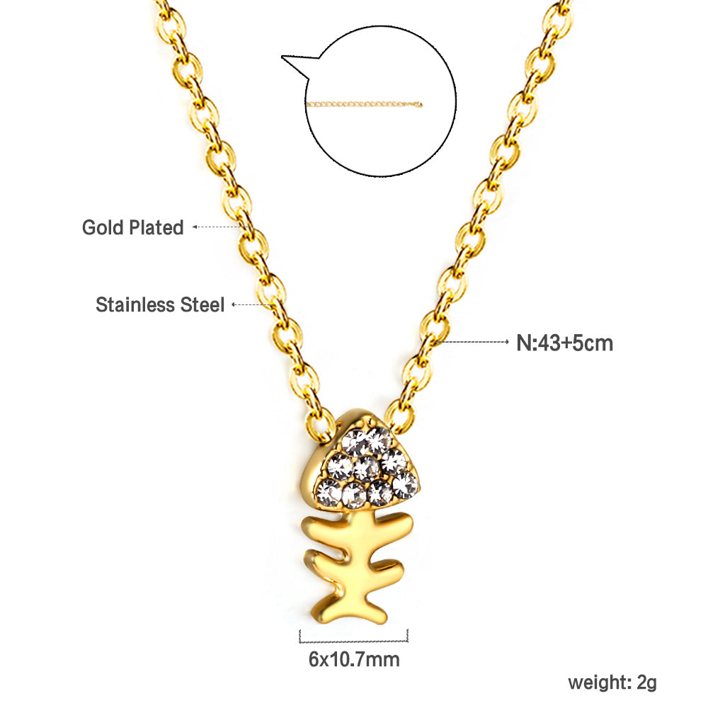 Fishbone Pendant with Diamond Necklace 43+5cm asonjewelry