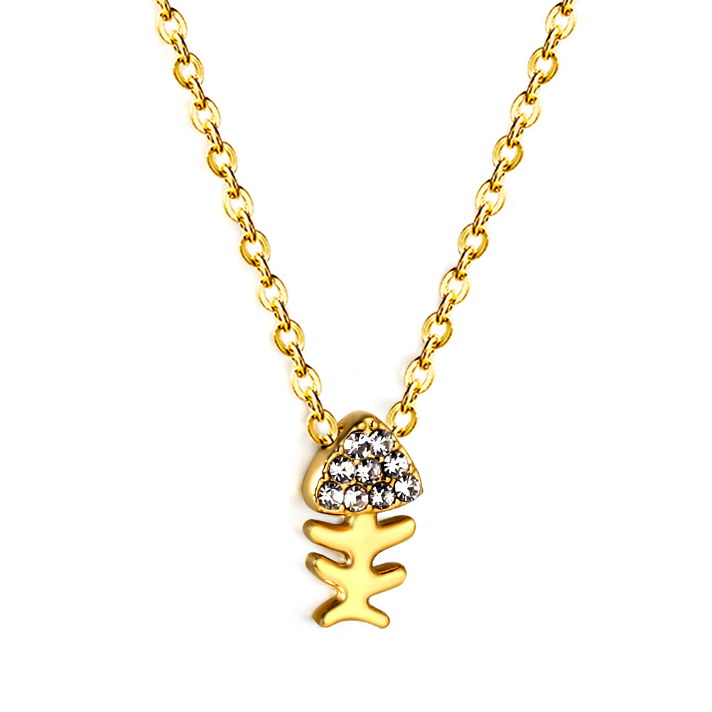 Fishbone Pendant with Diamond Necklace 43+5cm asonjewelry