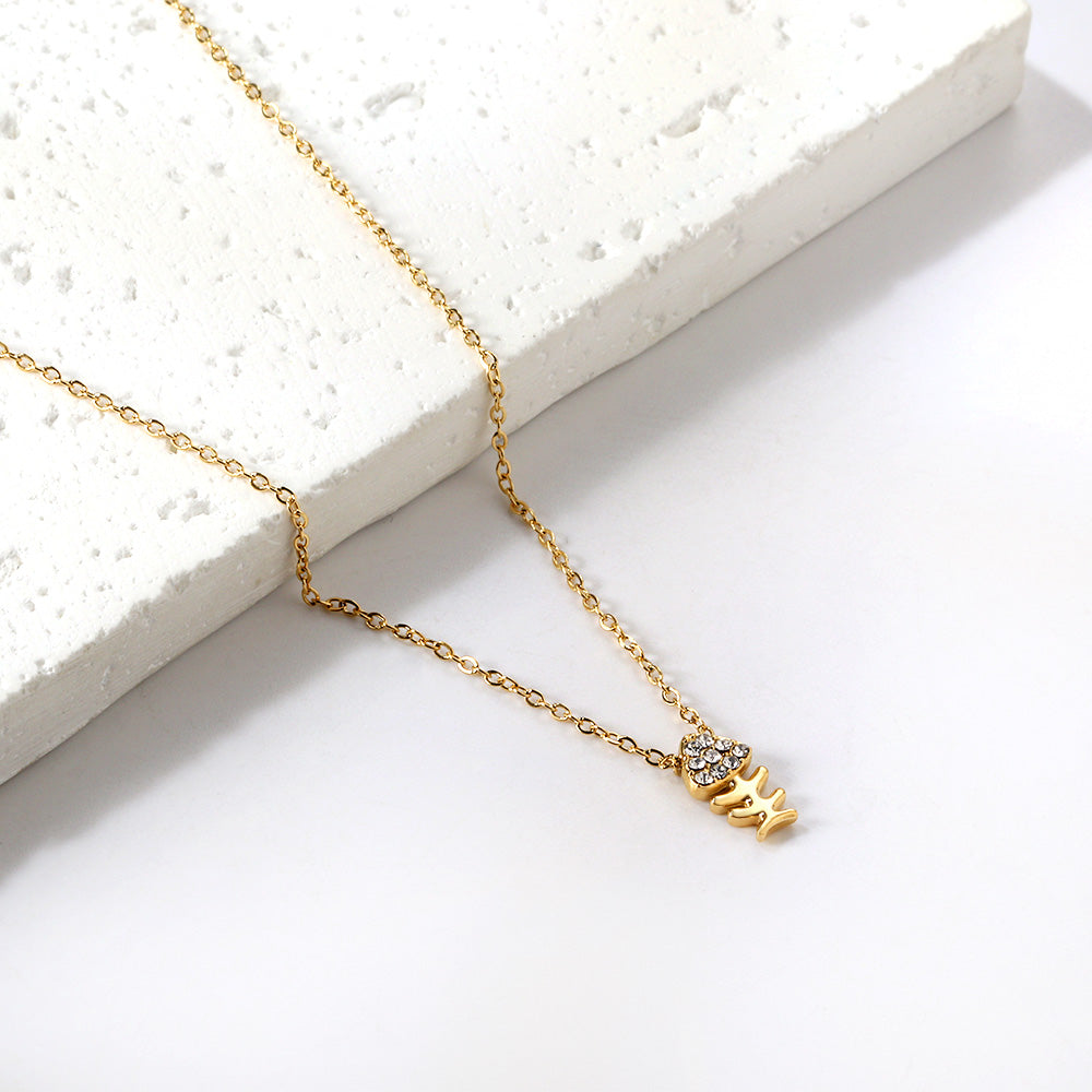Fishbone Pendant with Diamond Necklace 43+5cm asonjewelry
