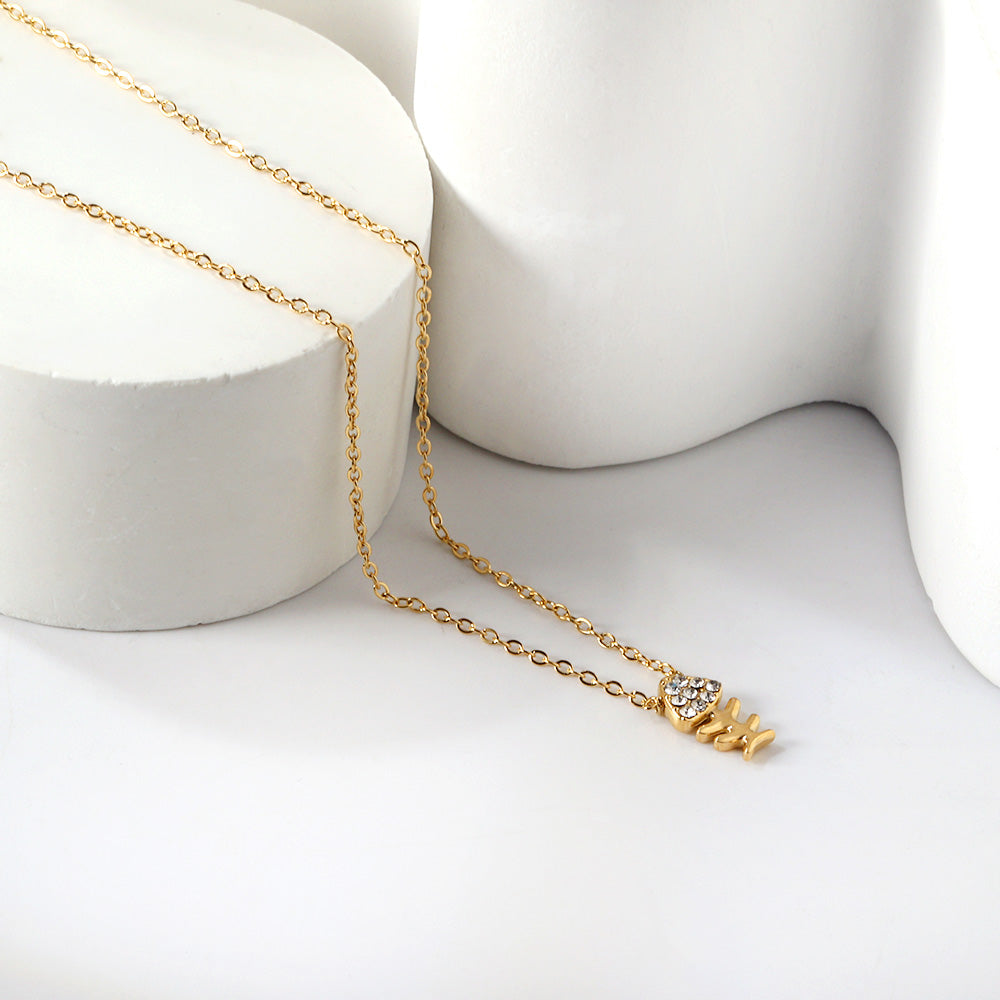 Fishbone Pendant with Diamond Necklace 43+5cm asonjewelry