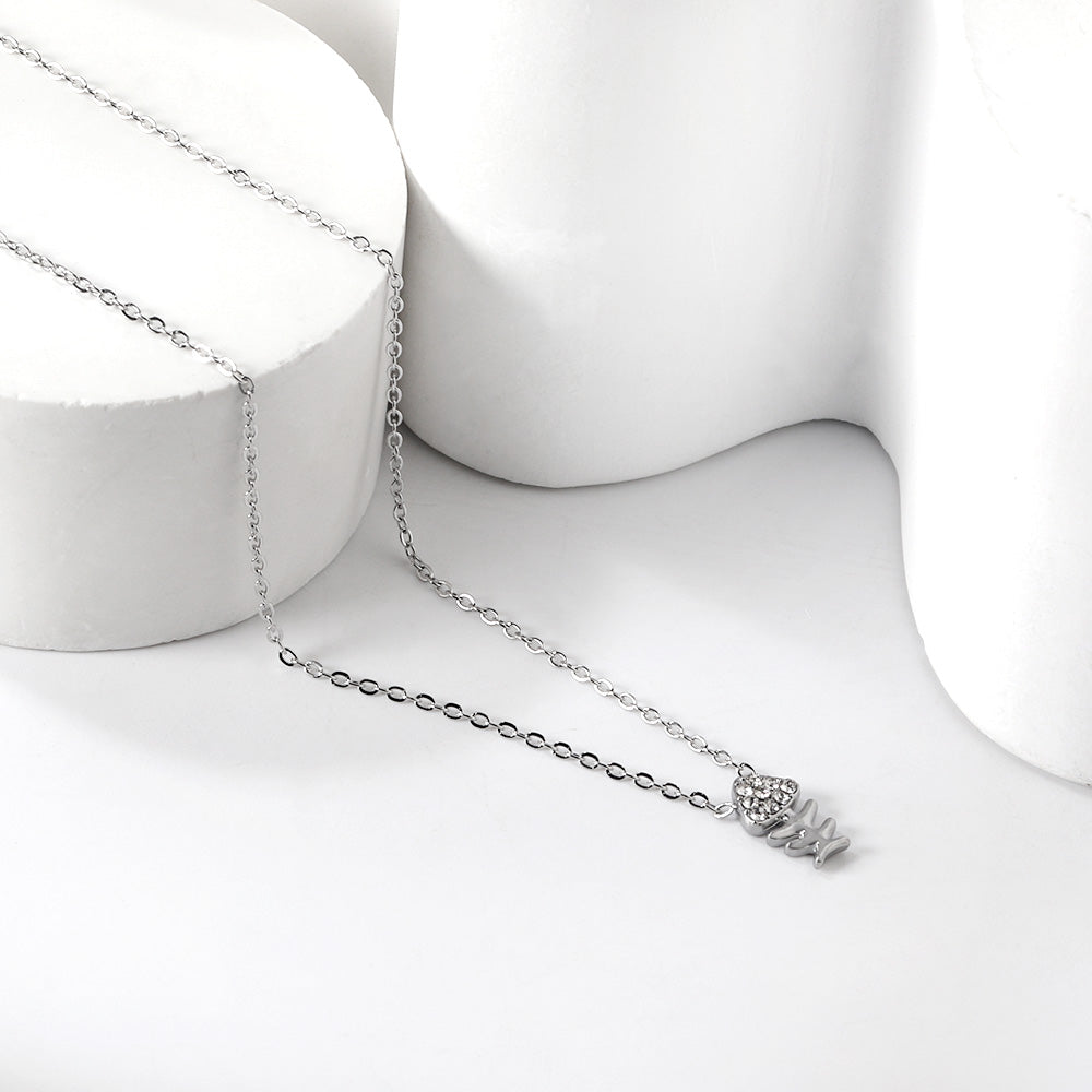 Fishbone Pendant with Diamond Necklace 43+5cm asonjewelry