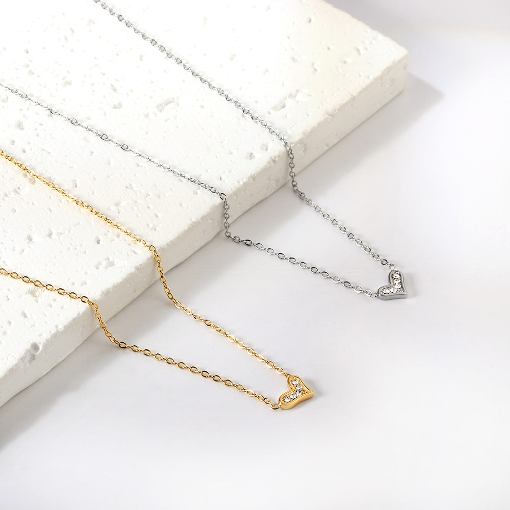 Crooked Heart Pendant with Diamond Necklace 43+5cm asonjewelry