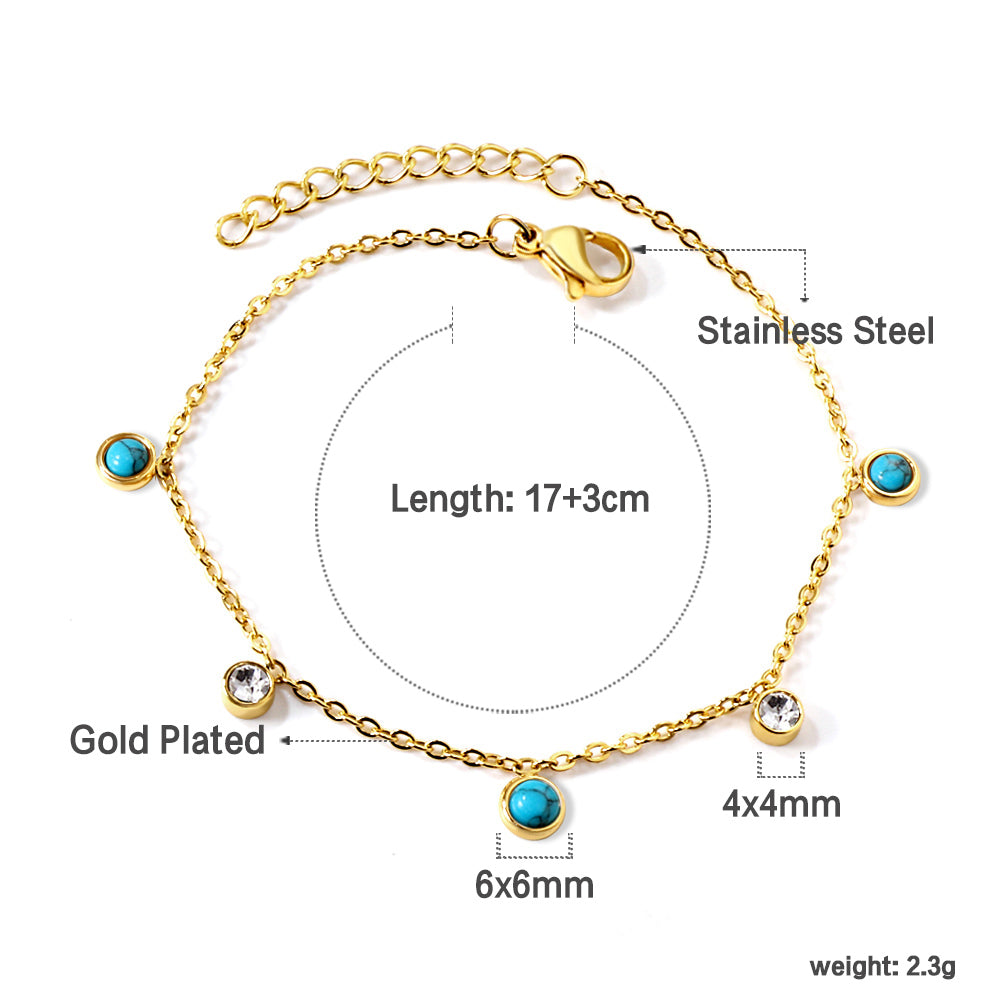 3 Round White Half Pearls & Blue Turquoise + 2 Cylindrical White Diamonds Accessories Bracelet 17+3cm asonjewelry