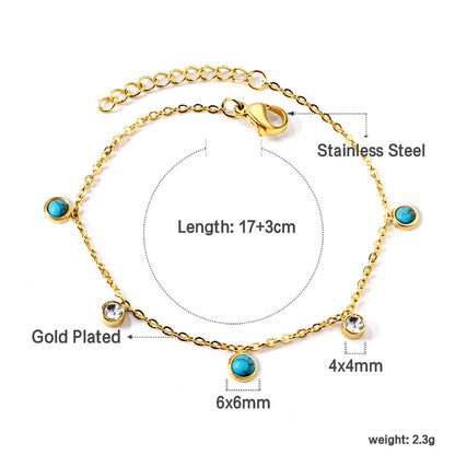 3 Round White Half Pearls & Blue Turquoise + 2 Cylindrical White Diamonds Accessories Bracelet 17+3cm asonjewelry