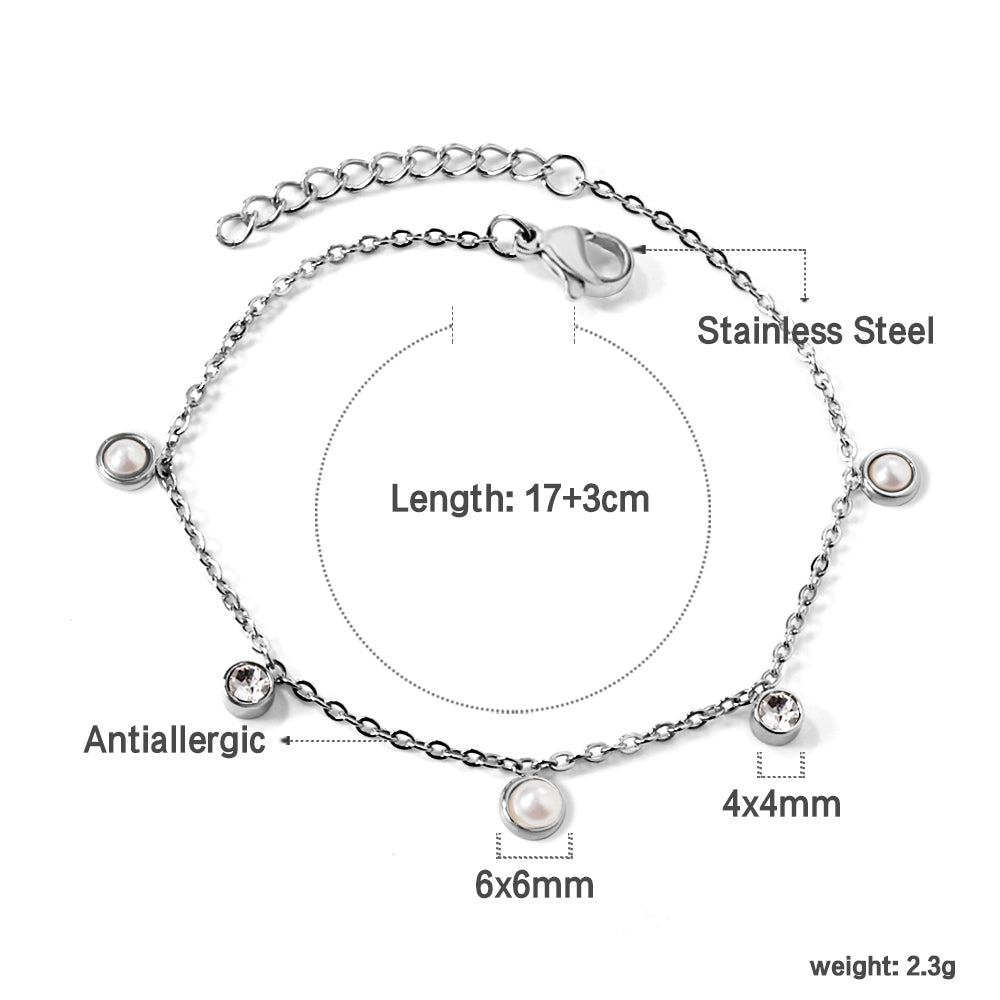 3 Round White Half Pearls & Blue Turquoise + 2 Cylindrical White Diamonds Accessories Bracelet 17+3cm asonjewelry