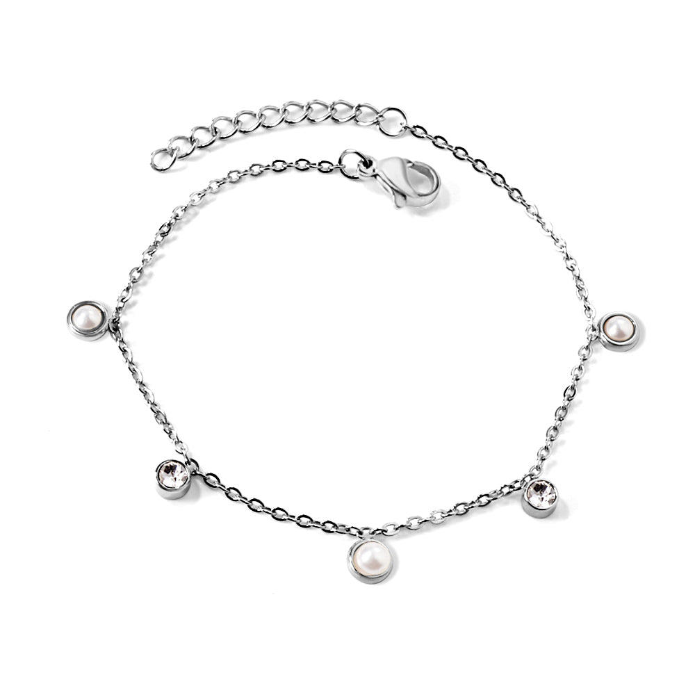 3 Round White Half Pearls & Blue Turquoise + 2 Cylindrical White Diamonds Accessories Bracelet 17+3cm asonjewelry